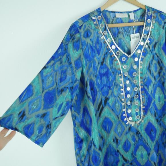 Chicos 3 XL Top Popover Beaded Tunic Resort Coastal Embellished Artsy Vacation - Picture 5 of 7
